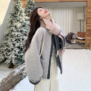 日本offcat撞色拼接羊羔毛棉服外套女冬季新款小个子韩系chic氛围