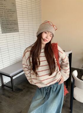 日本offcat2025冬日氛围时髦宽松圆领慵懒风撞色条纹长袖毛衣衫