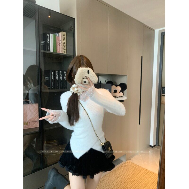 日本offcat蕾丝拼接设计感水貂绒毛衣女秋冬软糯白色修身打底针织