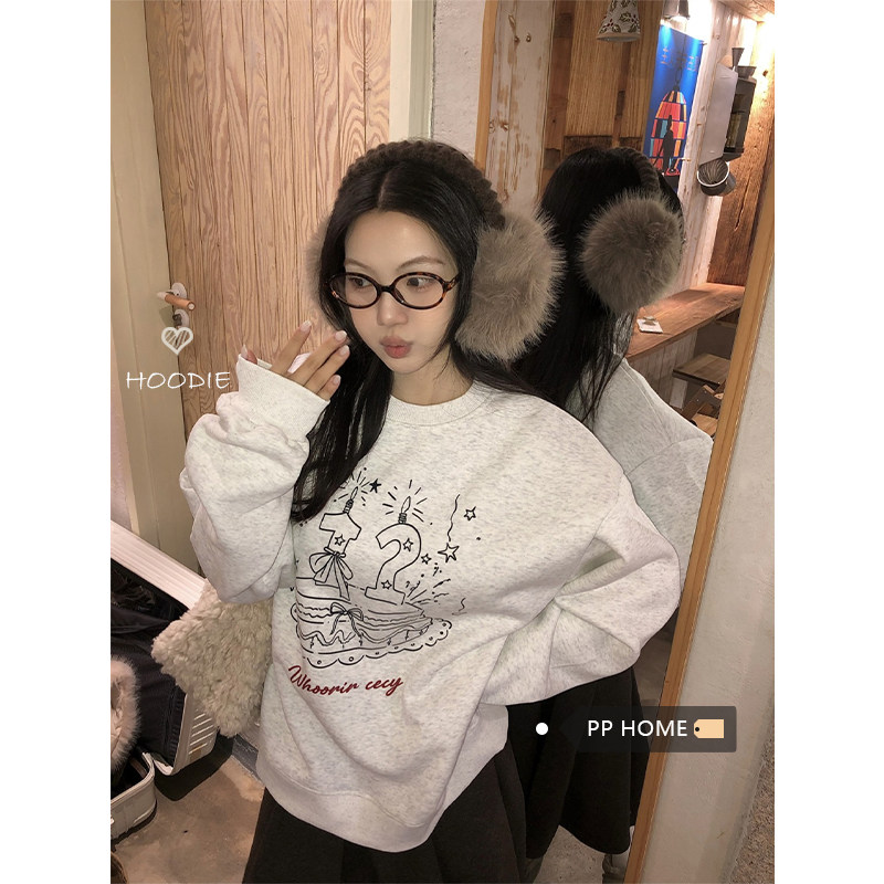 日本offcat蝴蝶结蛋糕印花宽松加绒卫衣女秋冬美式小个子灰色外套
