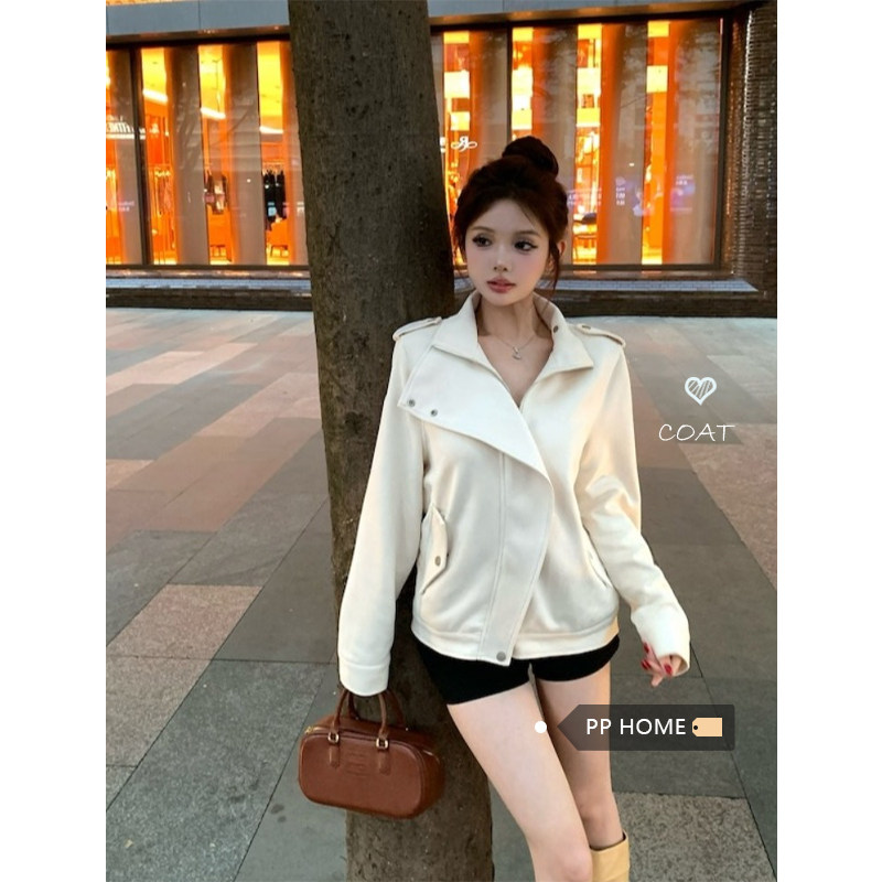 日本offcat白色修身显瘦设计感夹克外套女秋冬麂皮绒机车夹克长袖