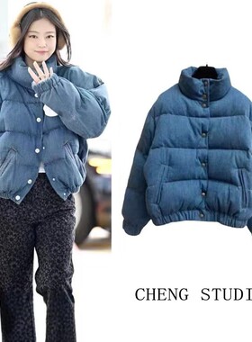 日本OFFCAT金智妮同款蓝色加厚羽绒服女小香风牛仔棉服宽松外套冬