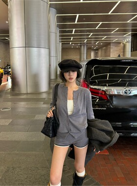 PPHOME复古开衫针织上衣女撞色短裤热裤两件套