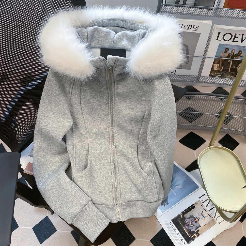 日本offcat美式高级感毛领加绒卫衣外套女秋冬修身显瘦收腰拉链连