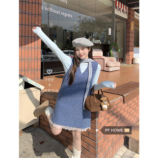 日本offcat蕾丝边拼接V领小个子连衣裙女秋冬中款蓝色背心裙气质