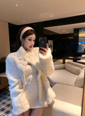 PPHOME 京都大小姐 秋冬真兔毛皮草翻领显瘦大衣外套