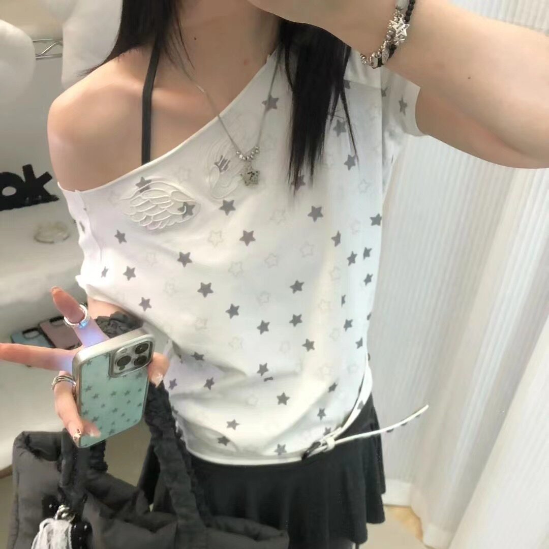 MURANDM/星星满印一字肩短袖翅膀刺绣碎花t恤甜辣上衣