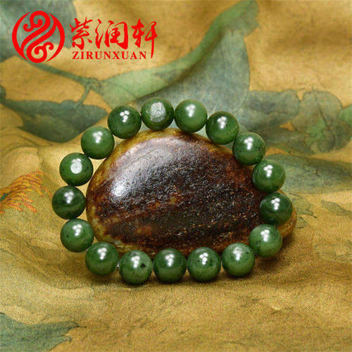 和田玉碧玉籽料手链菠菜绿圆珠