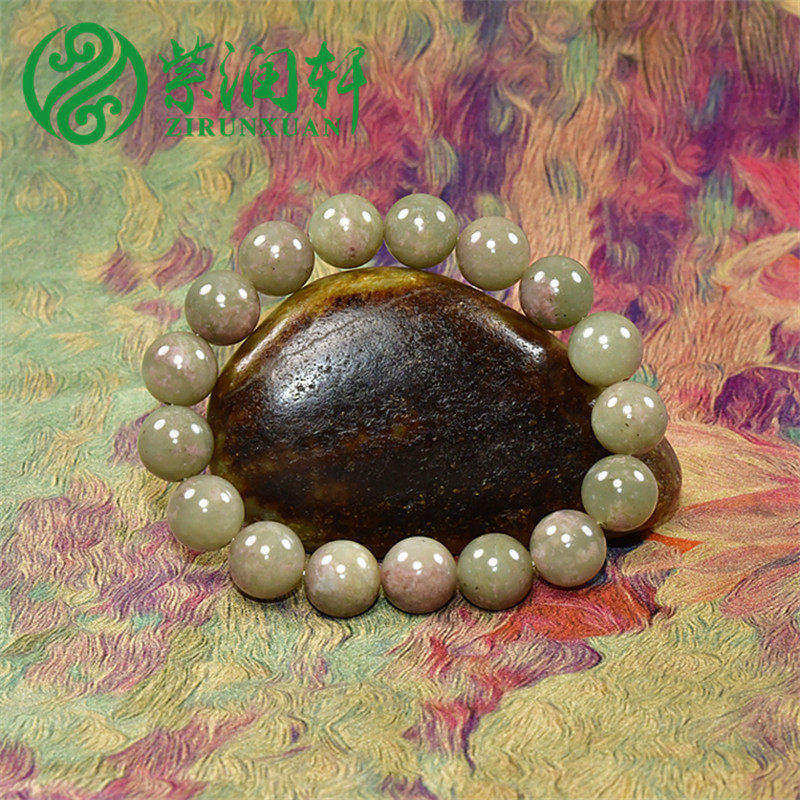 和田玉青白玉桃花玉圆珠手串