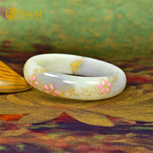 紫润轩新疆和田玉白玉紫调手镯且末料描金梅花54 5MM玉镯子收藏级