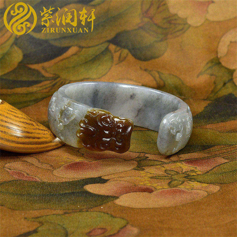 紫润轩新疆和田玉糖青花籽料手镯58MM开口聚红糖皮仿古龙凤呈祥镯