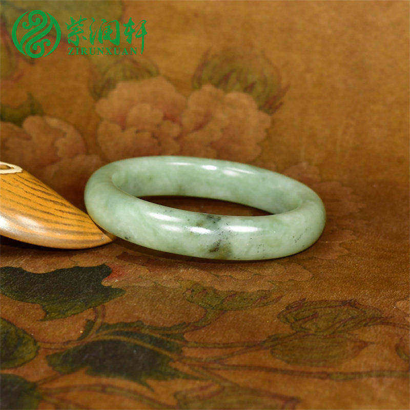 紫润轩新疆和田玉手镯青白飘翠青61MM且末料亚光玉镯高油收藏级