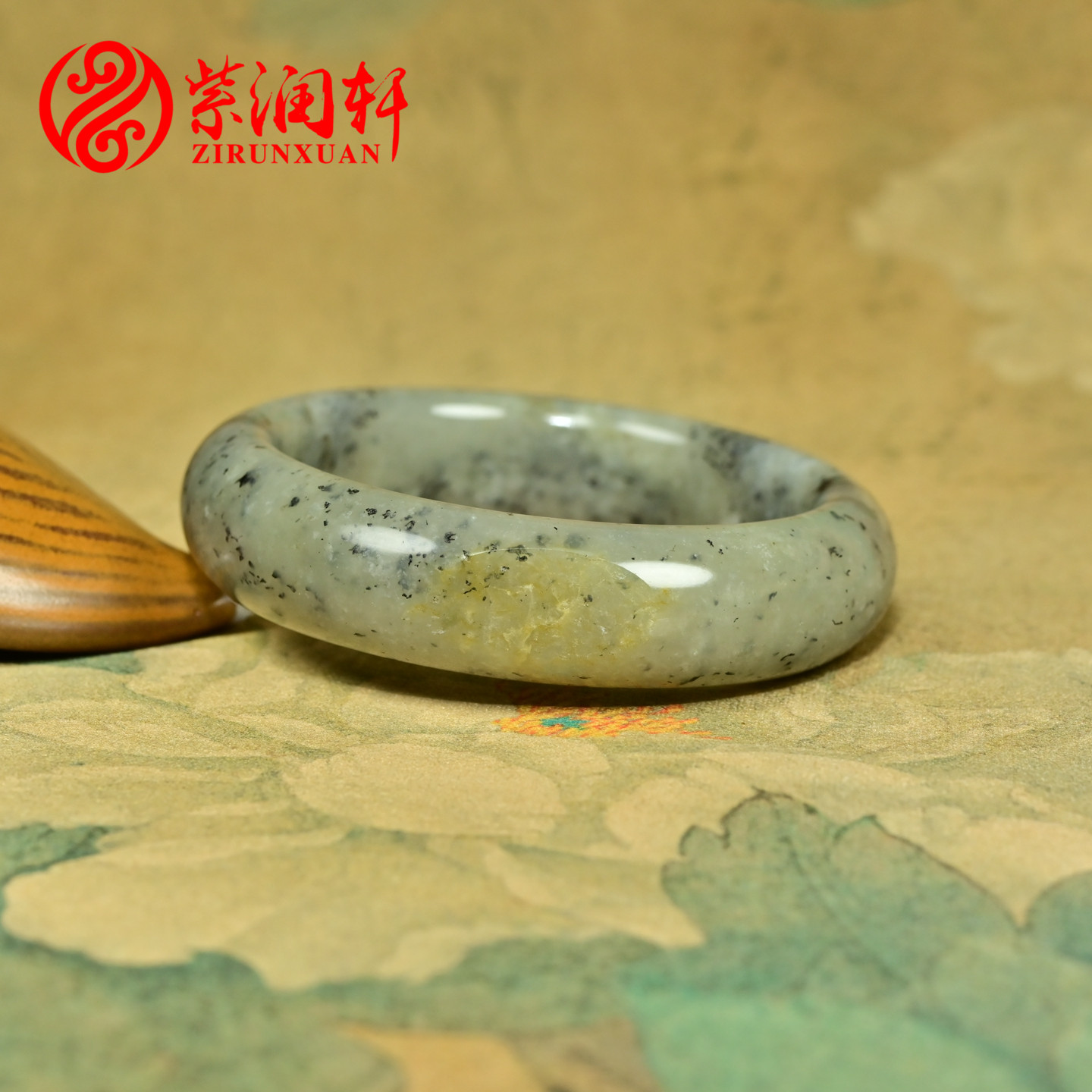 紫润轩新疆和田玉青花籽料手镯洒金皮意境镯子54MM哑光玉镯收藏级