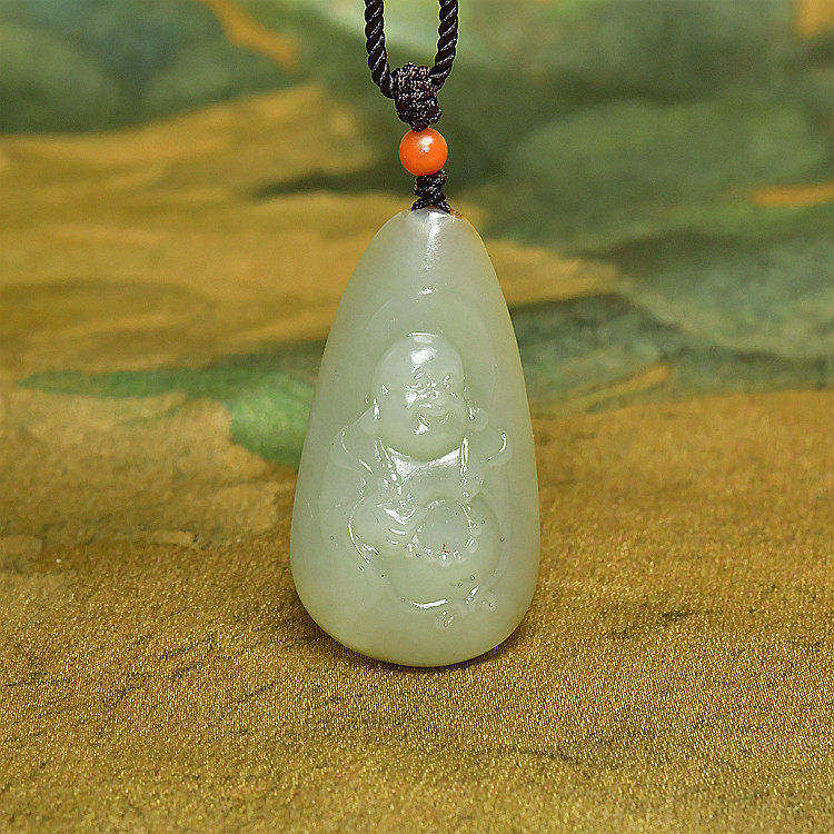 紫润轩新疆和田玉籽料佛公吊坠高青白洒金皮玉籽料弥勒佛笑佛挂件