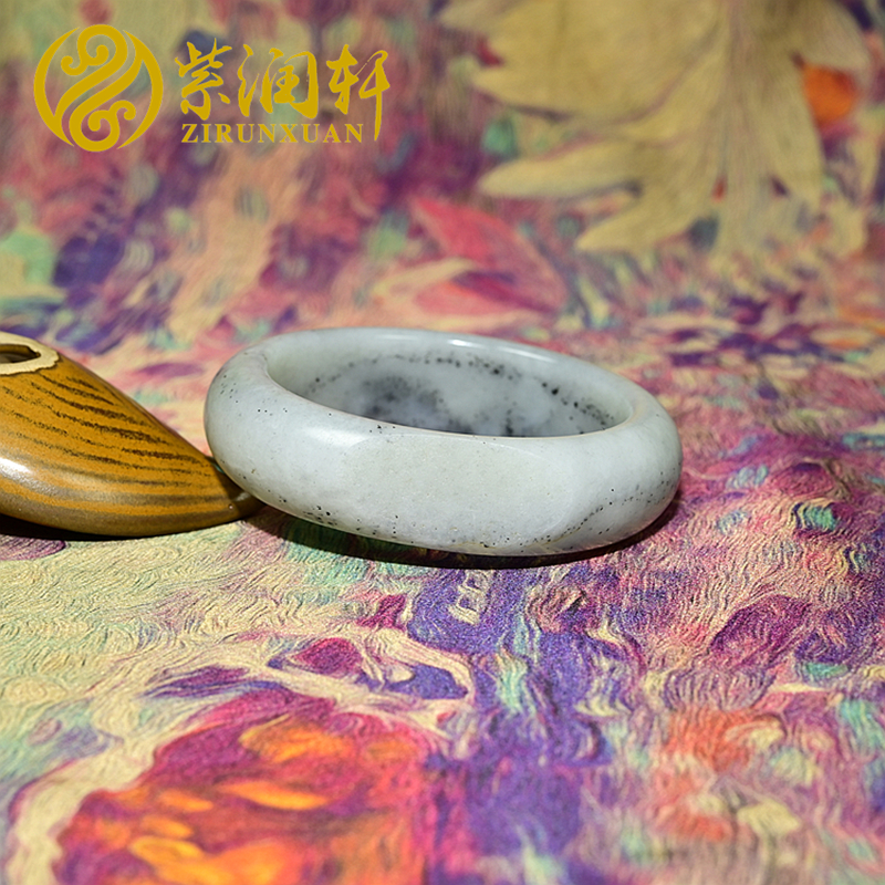 紫润轩新疆和田玉白玉青花籽料手镯黑白分明水墨意境55MM收藏级