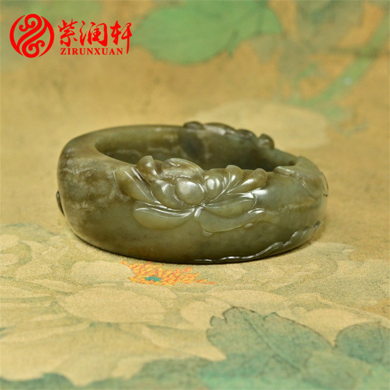 紫润轩新疆和田玉糖沁籽料莲花手镯宽版独籽连升三级57满皮传家级
