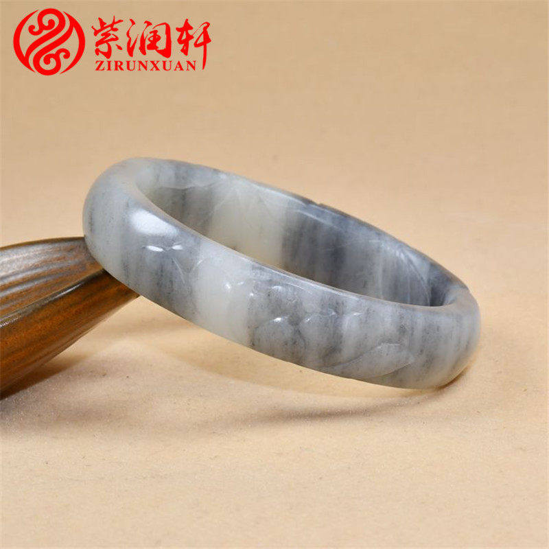 紫润轩新疆和田玉白玉青花籽料莲花手镯意境亚光荷花玉镯56MM精品