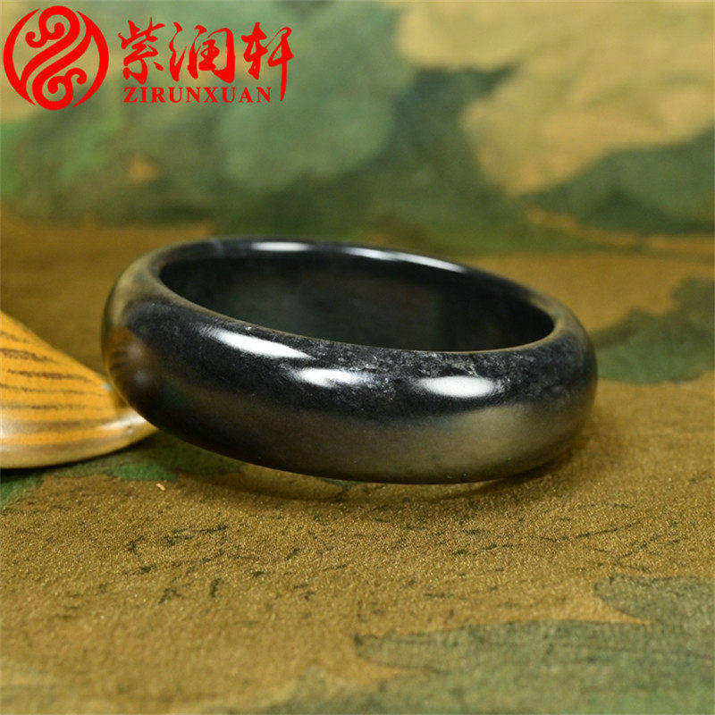 已结缘新疆和田玉墨玉籽料手镯宽版黑羊脂真皮亚光53MM小圈收藏级