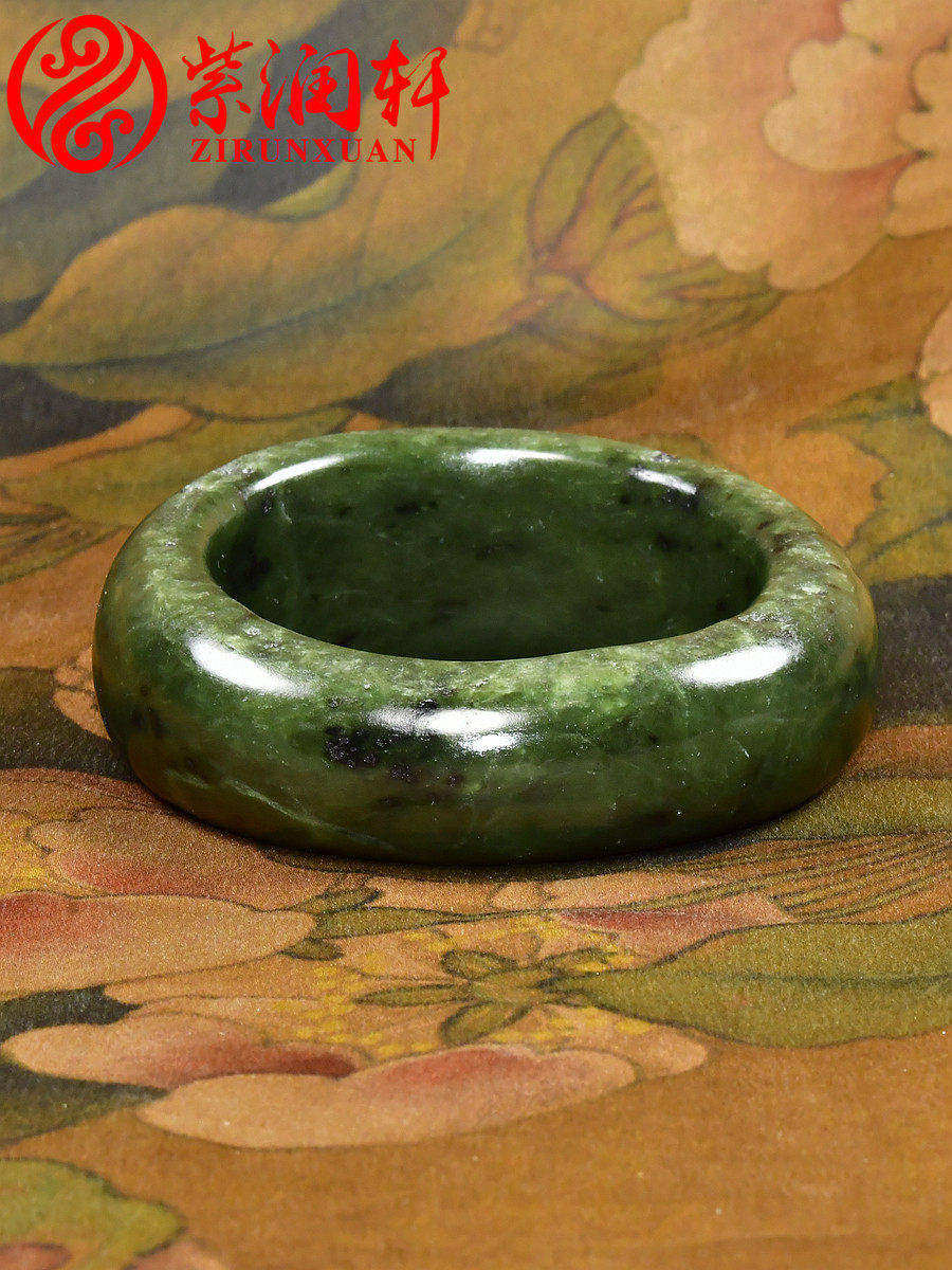 紫润轩新疆和田玉籽料碧玉手镯满皮厚装哑光菠菜绿55 6MM传家级