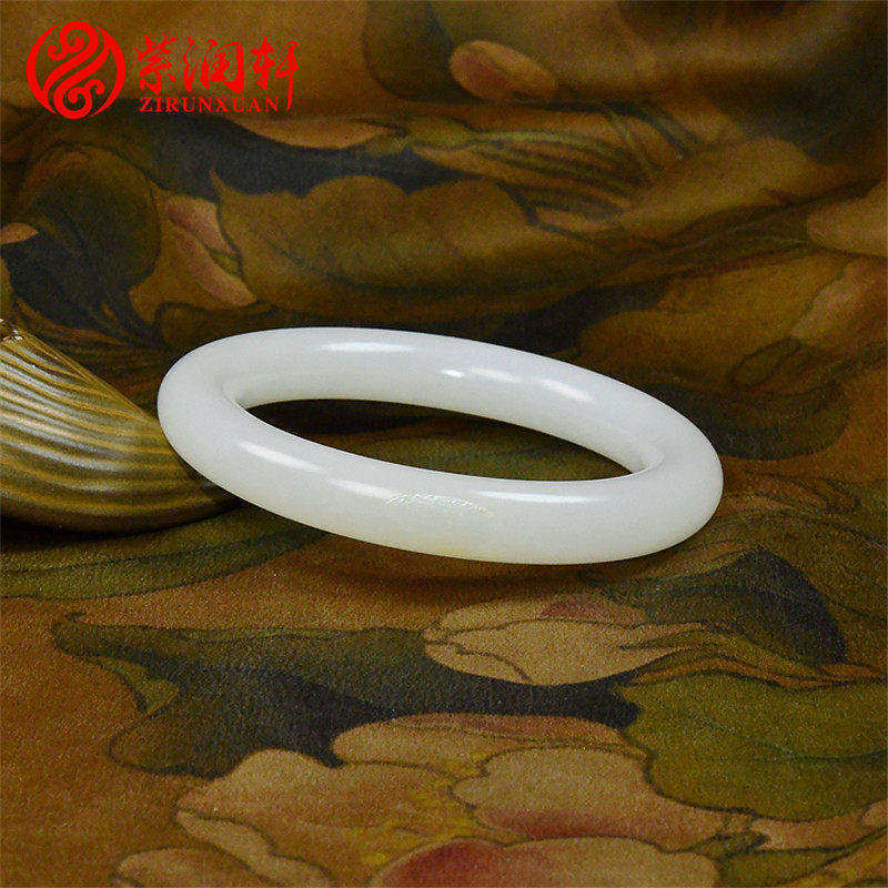 紫润轩新疆和田玉白玉籽料手镯羊脂玉留皮肥圆条56 8MM传哑光家级