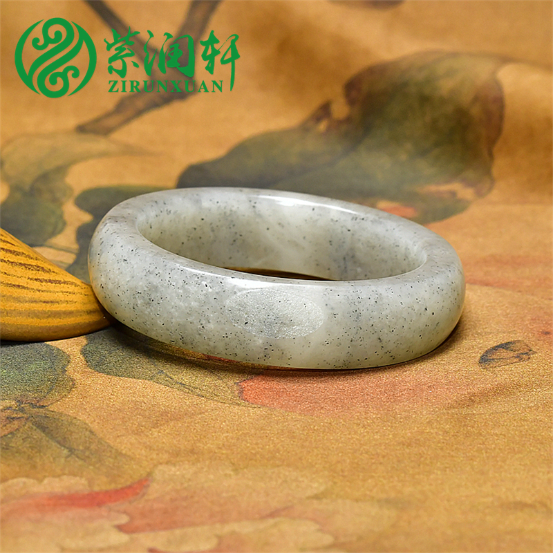 紫润轩新疆和田玉白玉籽料青花手镯58 5MM女款天然留皮镯子带证书