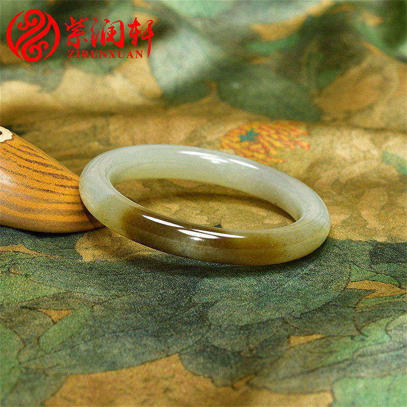 紫润轩新疆和田玉糖青白玉手镯51MM且末料圆条款玉镯哑光女神款