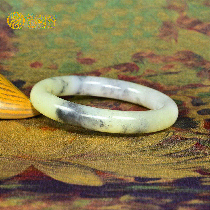 紫润轩新疆和田玉糖青花手镯圆条三色水墨意境玉镯56MM哑光传家级