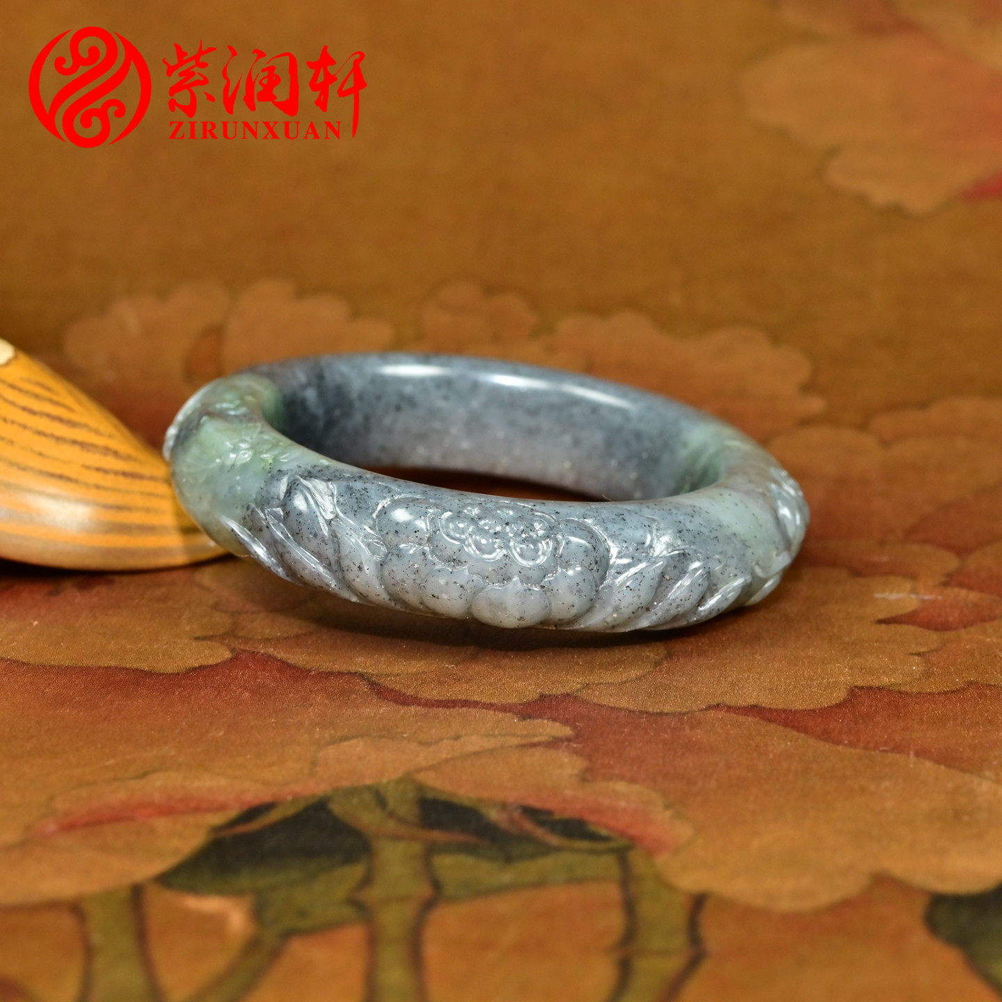 紫润轩新疆和田玉莲花籽料手镯青花翠青俏色55MM连年有余收藏级