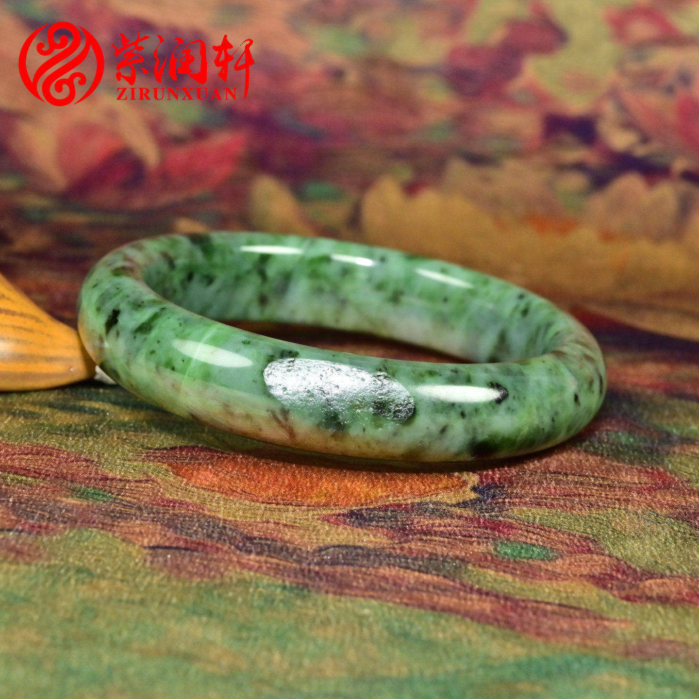 紫润轩新疆和田玉碧玉籽料手镯60MM白加绿苹果绿飘翠籽镯收藏级