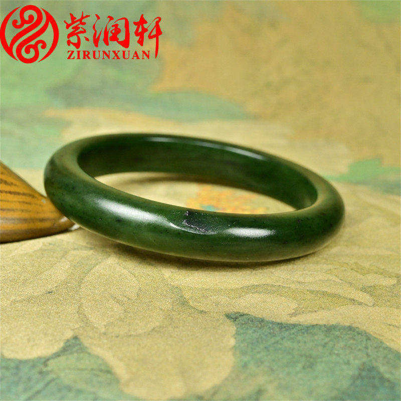 紫润轩新疆和田玉碧玉籽料手镯菠菜绿高油哑光留皮61 5天籽镯珍品
