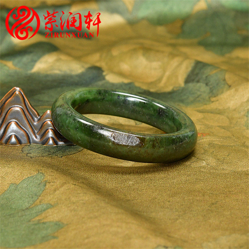 紫润轩和田玉碧玉籽料手镯55 5MM黄皮菠菜绿玉镯哑光收藏级