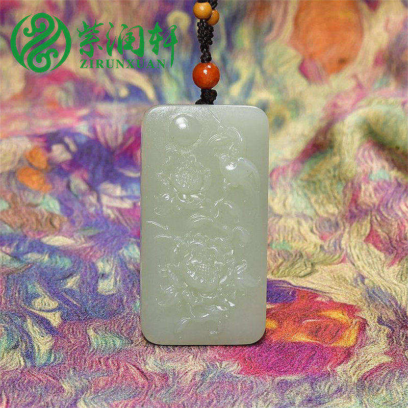 紫润轩新疆和田玉白玉籽料牡丹花吊坠喜鹊方形玉坠传家级