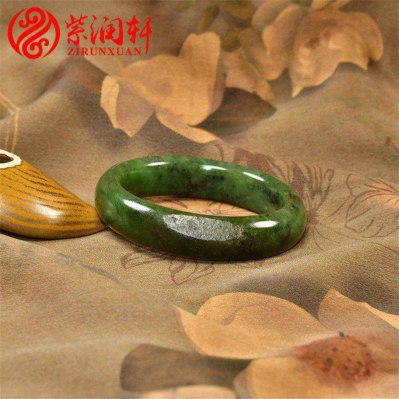 紫润轩新疆和田玉碧玉籽料手镯55MM黄皮菠菜绿玉镯哑光收藏级