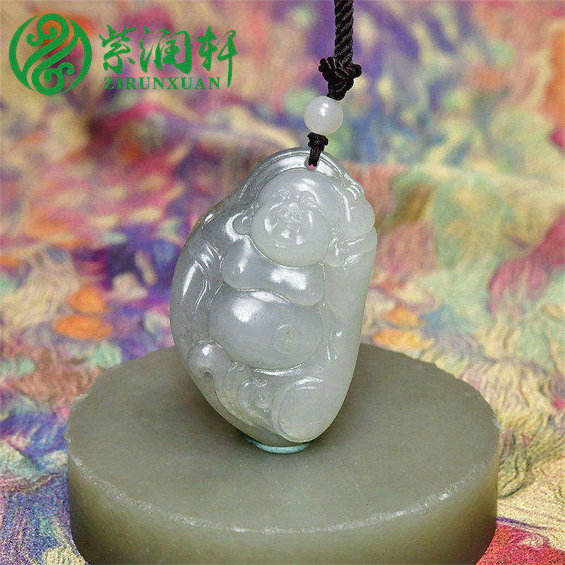 紫润轩新疆和田玉籽料佛公独籽吊坠白玉青花弥勒佛笑佛独籽挂件