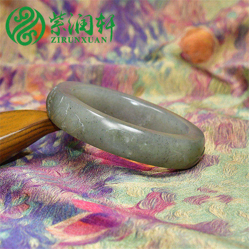 紫润轩新疆和田玉青花籽料莲花手镯荷花54 7MM清水皮连年有余籽镯