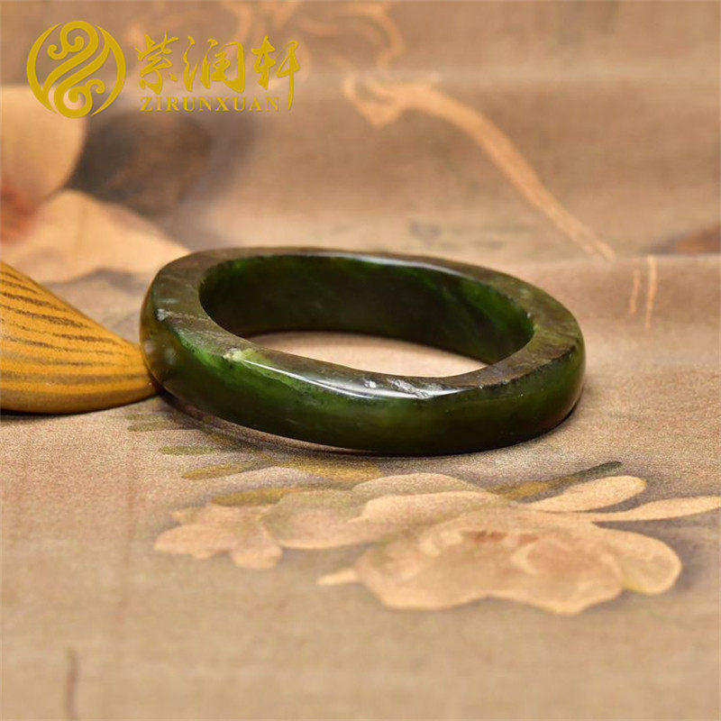 紫润轩新疆和田玉戈壁籽料碧玉手镯满皮黑皮厚装菠菜绿54传家级