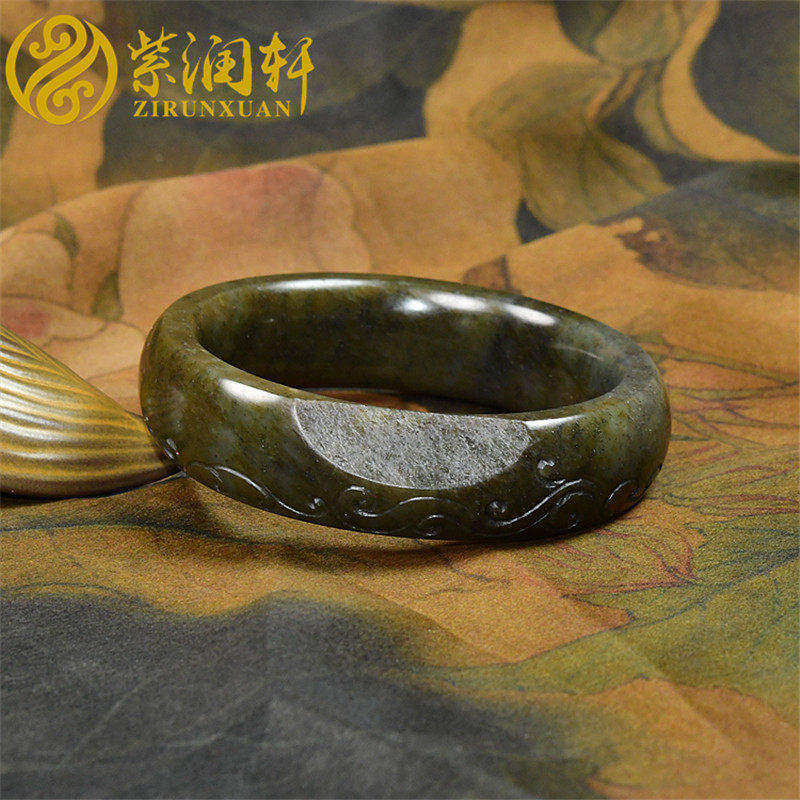 紫润轩新疆和田玉糖青花籽料手镯60MM仿古回纹如意福禄玉镯收藏级