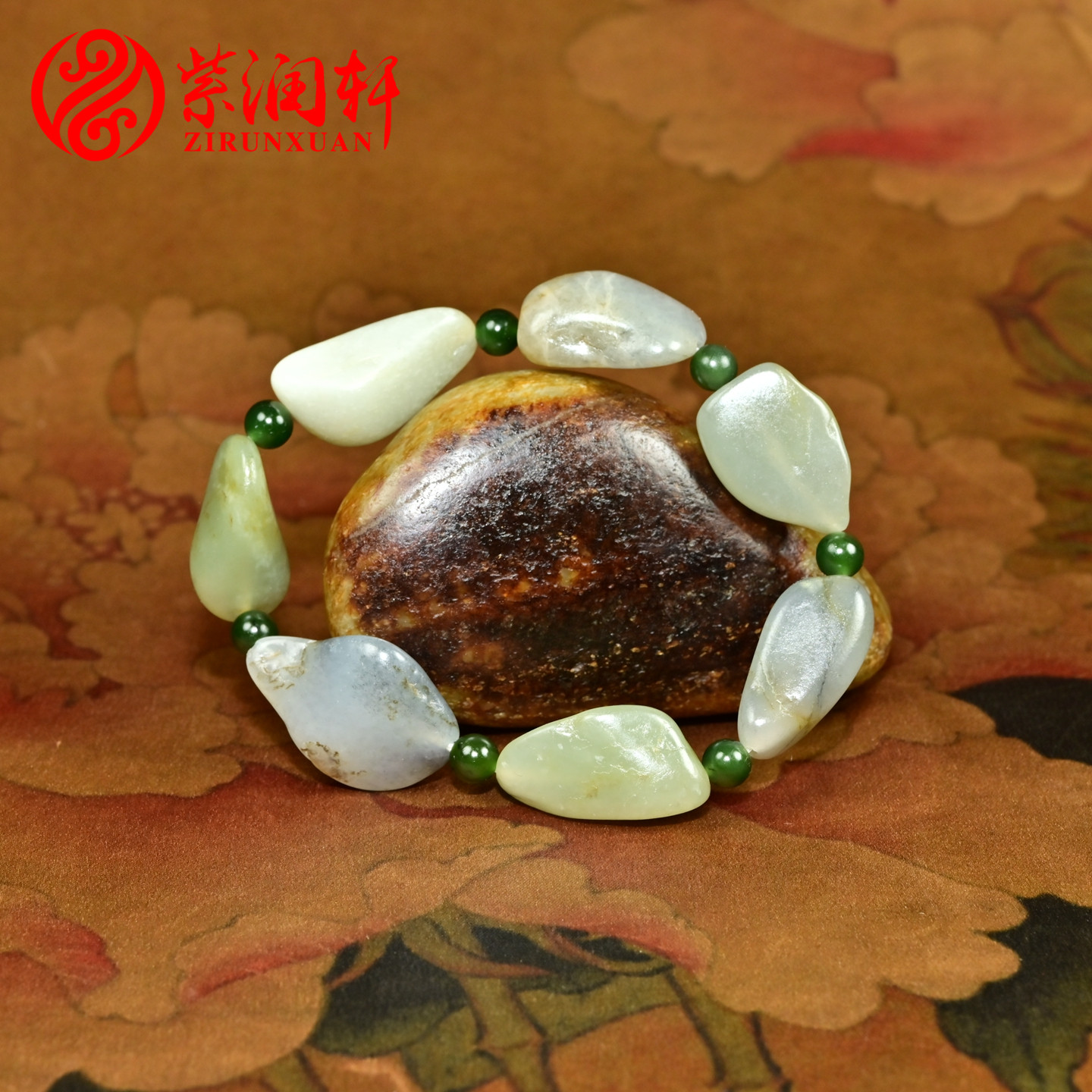 紫润轩新疆和田玉独籽手链籽料原石手串青花青白玉无修形收藏级