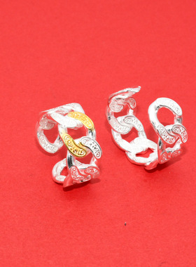 925纯银唐草纹宽版克调节链条戒指轻奢双色活口食指环