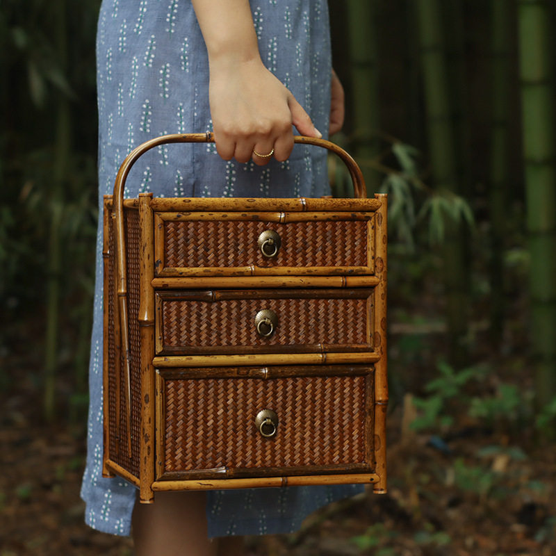 梅鹿竹茶柜竹编席面手提茶棚带抽屉茶具文玩收纳柜新中式禅意摆件