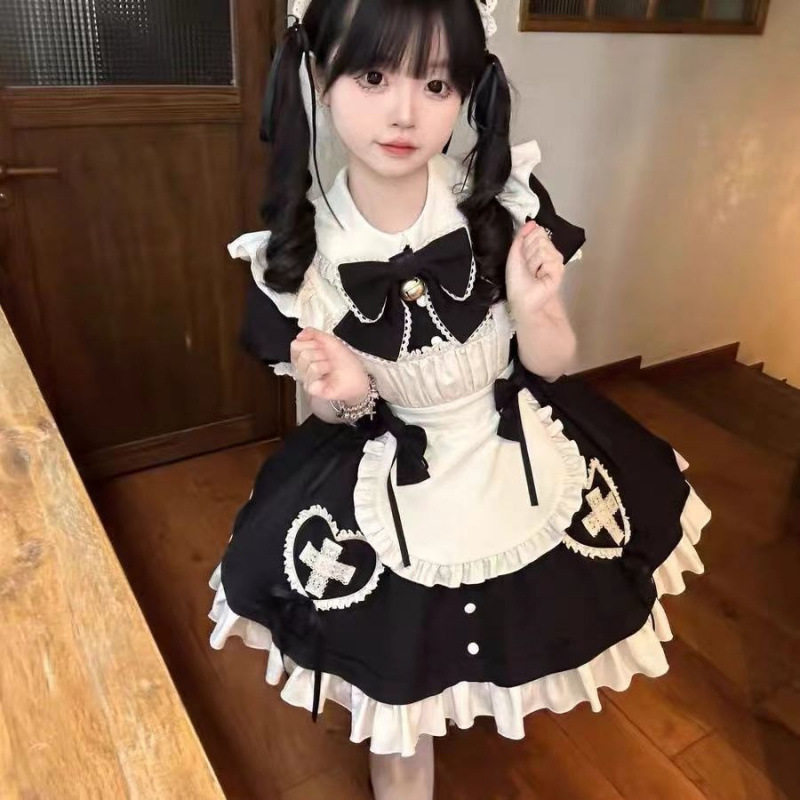 日系甜美可爱洛丽塔Lolita软妹收腰连衣裙+飞飞袖围裙优雅女仆裙