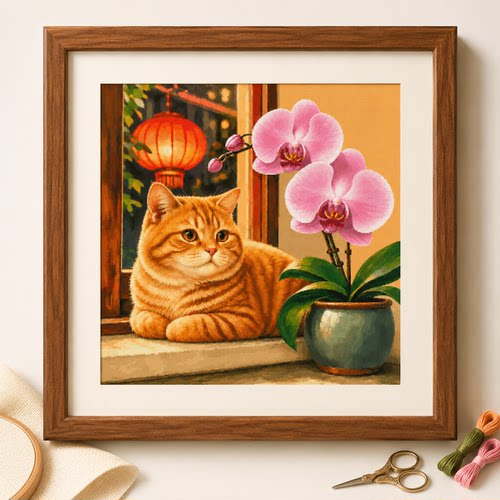 【ZZ8882-蝴蝶兰与橘猫】十字绣2026年新款客厅餐厅动物花卉简约