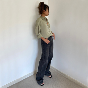 韩国时尚高腰弹力窄版牛仔裤女2024显大长腿阔腿裤宽松直筒拖地裤