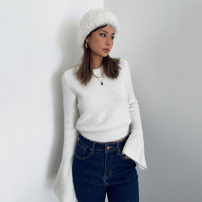 辣妹高腰喇叭长袖针织衫女装秋冬纯欲风毛衣外穿修身短款打底上衣