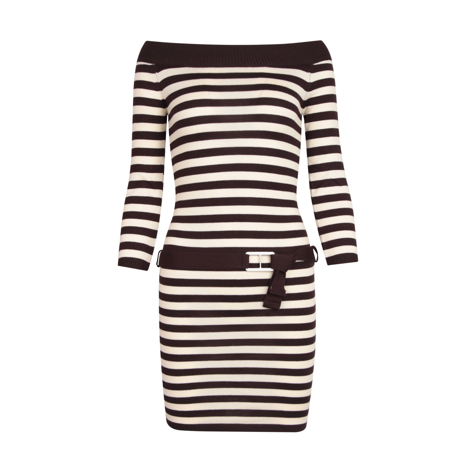 法式撞色条纹针织连衣裙女早秋新款纯欲辣妹一字肩收腰显瘦包臀裙