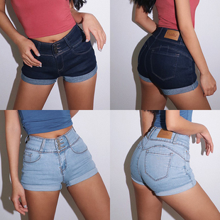 女 显瘦翘臀热裤 2024夏新款 复古高腰显瘦A字排扣翻边卷边牛仔短裤