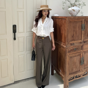 自制极简休闲复古口袋高腰垂坠感直筒拖地通勤西装 子2025新796 裤