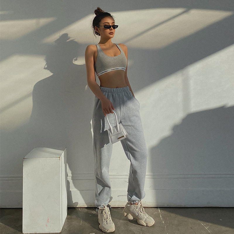 自制秋装新款卡戴珊运动裤女宽松休闲显瘦哈伦灰色束脚卫裤健身可