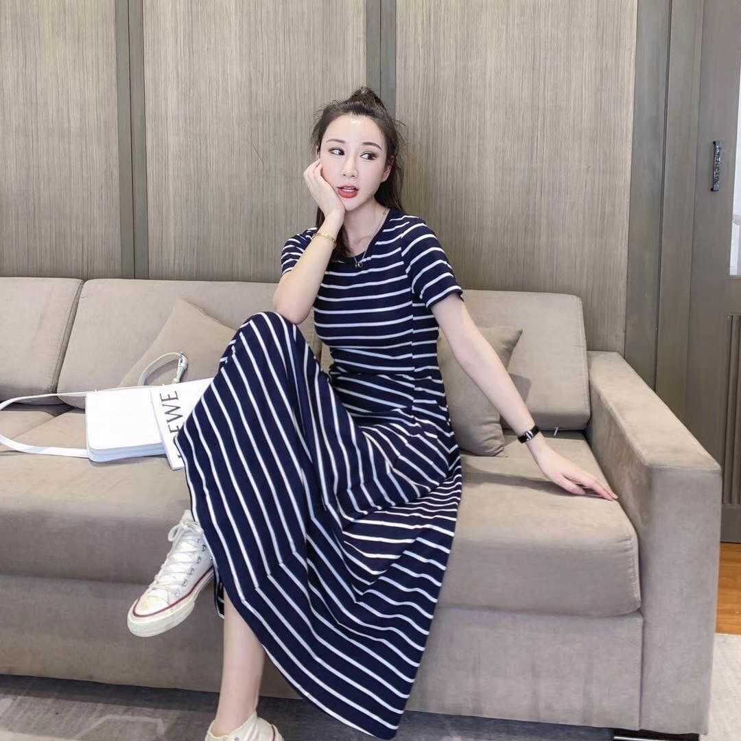 纯棉连衣裙夏季女2025休闲短袖条纹a字大摆裙收腰显瘦大码超长裙