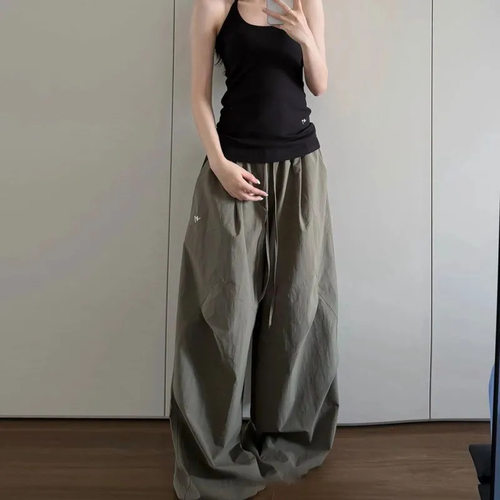 韩系抽绳腰阔腿裤女宽松大版型遮肉显瘦简约小标夏季日常休闲长裤